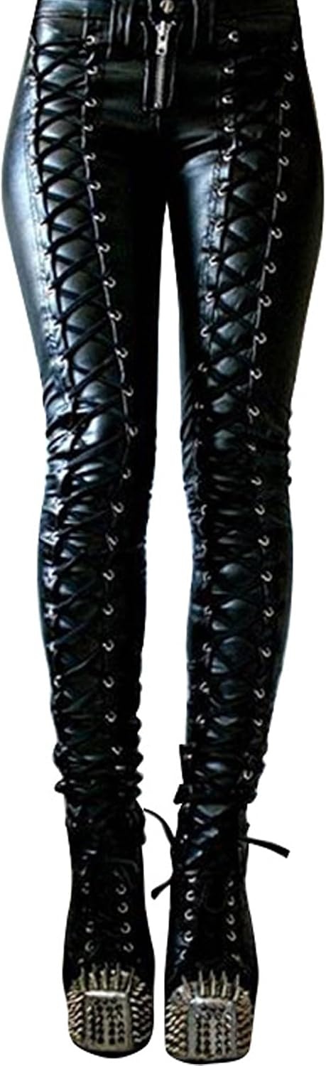 image:imageSOMTHRON Womens PU Faux Leather Pants Skinny Leggings Lace Up Bandage Gothic Punk Studded Tight PantsBlack