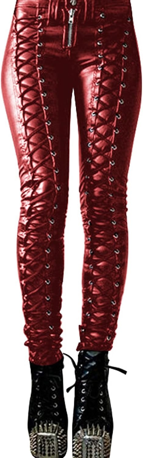 image:imageSOMTHRON Womens PU Faux Leather Pants Skinny Leggings Lace Up Bandage Gothic Punk Studded Tight PantsRed