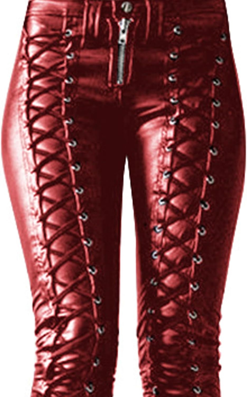 image:imageSOMTHRON Womens PU Faux Leather Pants Skinny Leggings Lace Up Bandage Gothic Punk Studded Tight PantsRed
