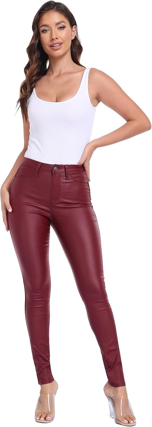 image:imageStretchy Faux Leather Pants PU Coated Legging Juniors for Women104wine Red