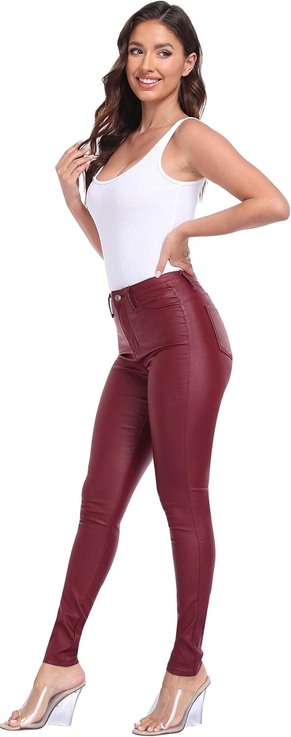 image:imageStretchy Faux Leather Pants PU Coated Legging Juniors for Women104wine Red