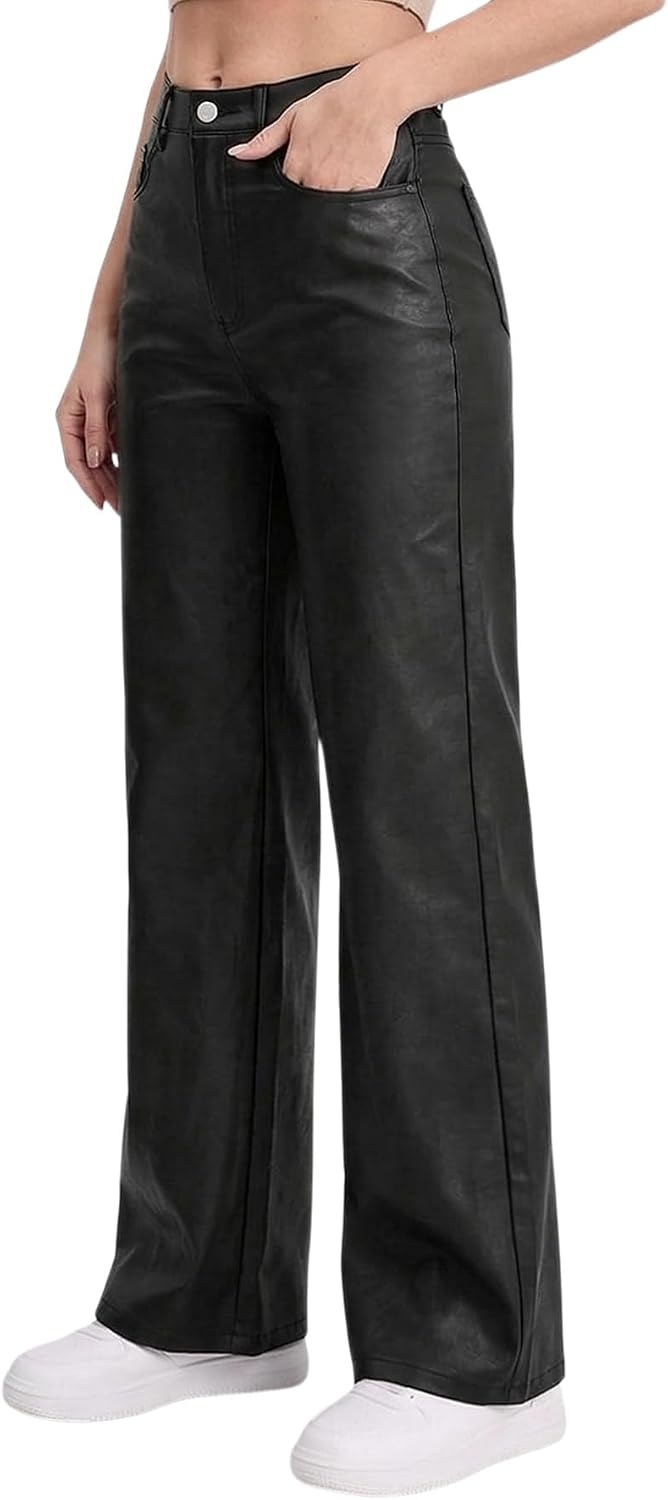 image:imageTHE LOVE BRAND Womens Faux Leather Pants Black Straight Leg Pant High Waist Black Leggings Wide Leg Coated PU TrousersBlack