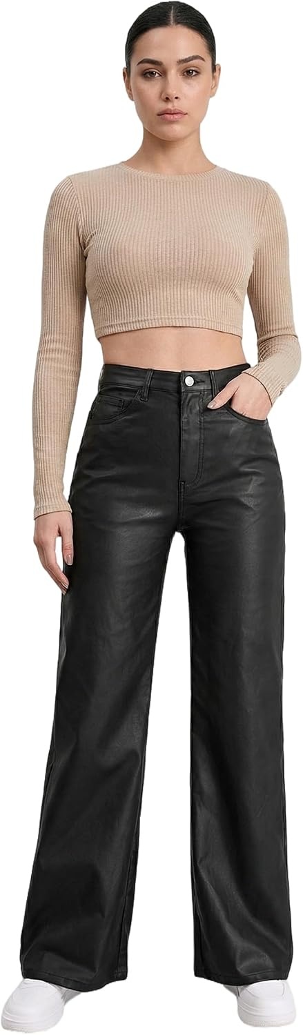 image:imageTHE LOVE BRAND Womens Faux Leather Pants Black Straight Leg Pant High Waist Black Leggings Wide Leg Coated PU TrousersBlack
