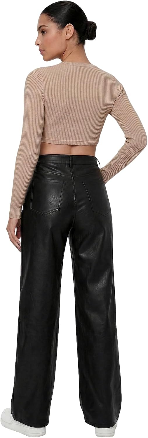 image:imageTHE LOVE BRAND Womens Faux Leather Pants Black Straight Leg Pant High Waist Black Leggings Wide Leg Coated PU TrousersBlack