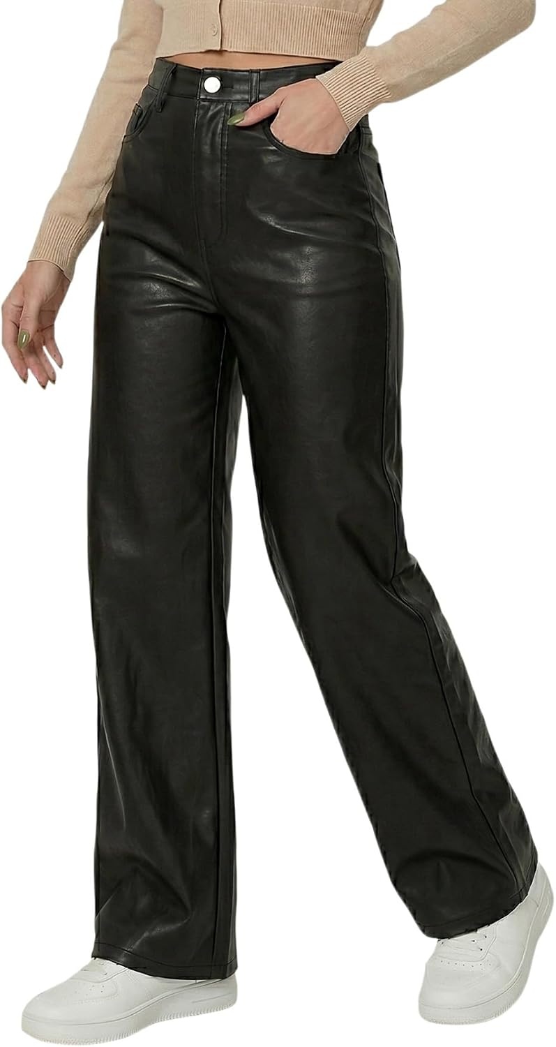 image:imageTHE LOVE BRAND Womens Faux Leather Pants Black Straight Leg Pant High Waist Black Leggings Wide Leg Coated PU TrousersBlack