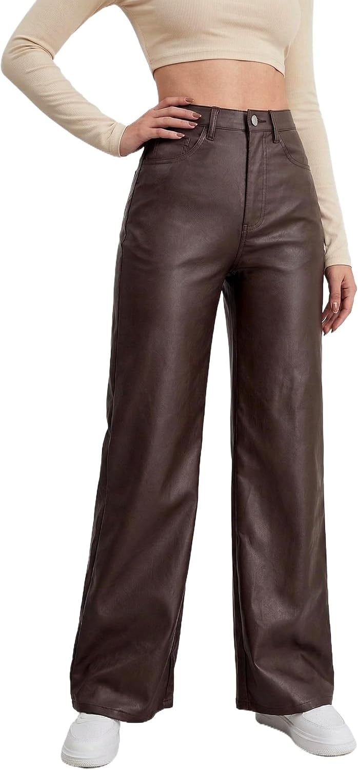 image:imageTHE LOVE BRAND Womens Faux Leather Pants Black Straight Leg Pant High Waist Black Leggings Wide Leg Coated PU TrousersChocolate