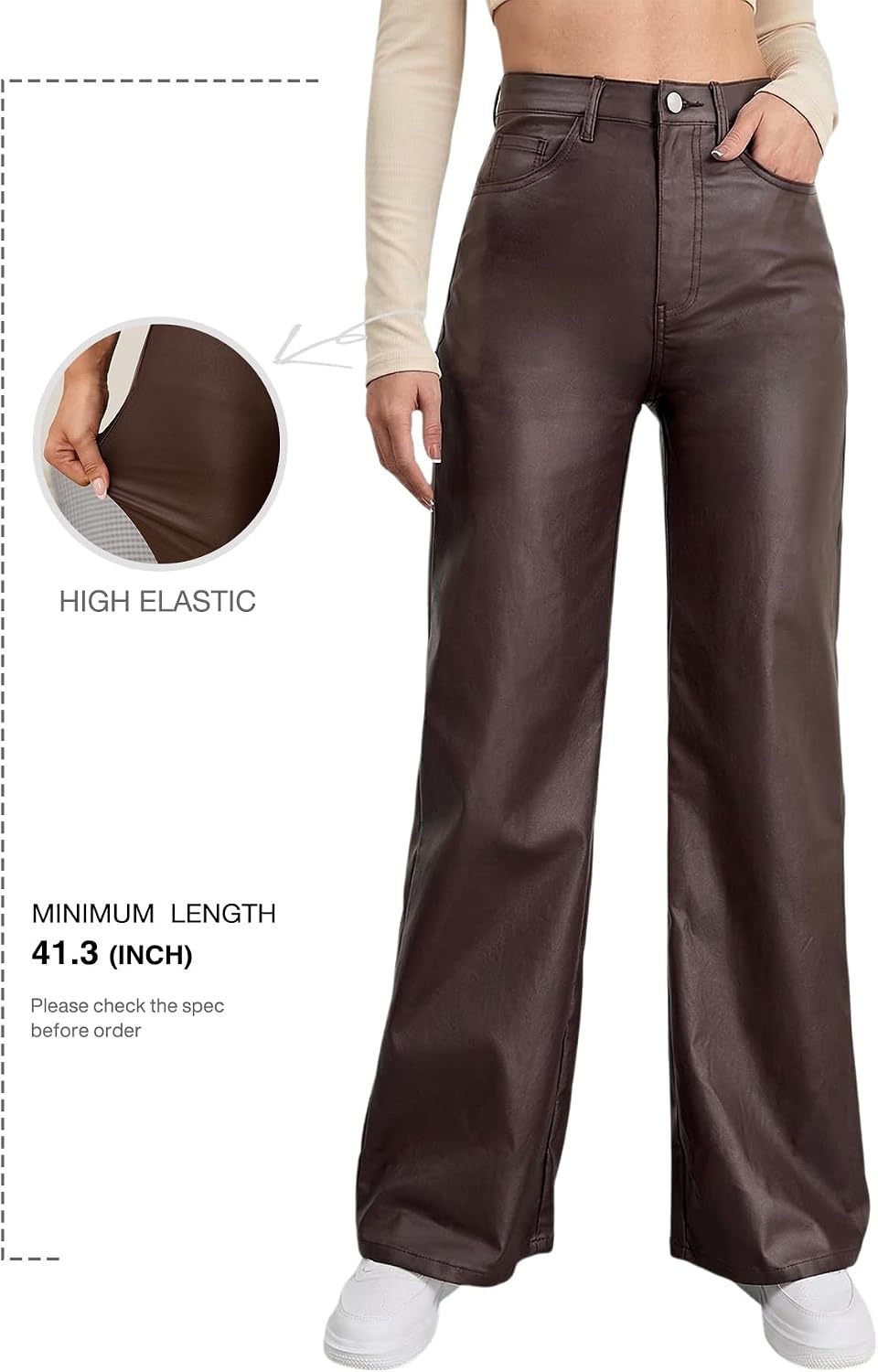 image:imageTHE LOVE BRAND Womens Faux Leather Pants Black Straight Leg Pant High Waist Black Leggings Wide Leg Coated PU TrousersChocolate
