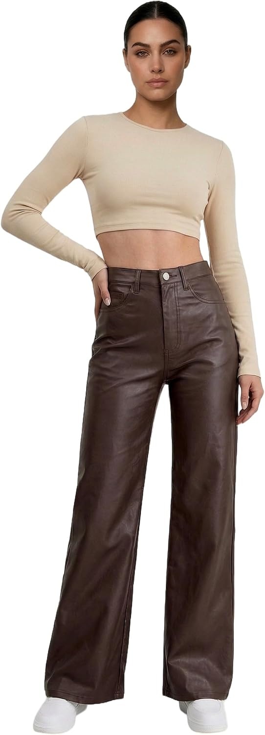 image:imageTHE LOVE BRAND Womens Faux Leather Pants Black Straight Leg Pant High Waist Black Leggings Wide Leg Coated PU TrousersChocolate