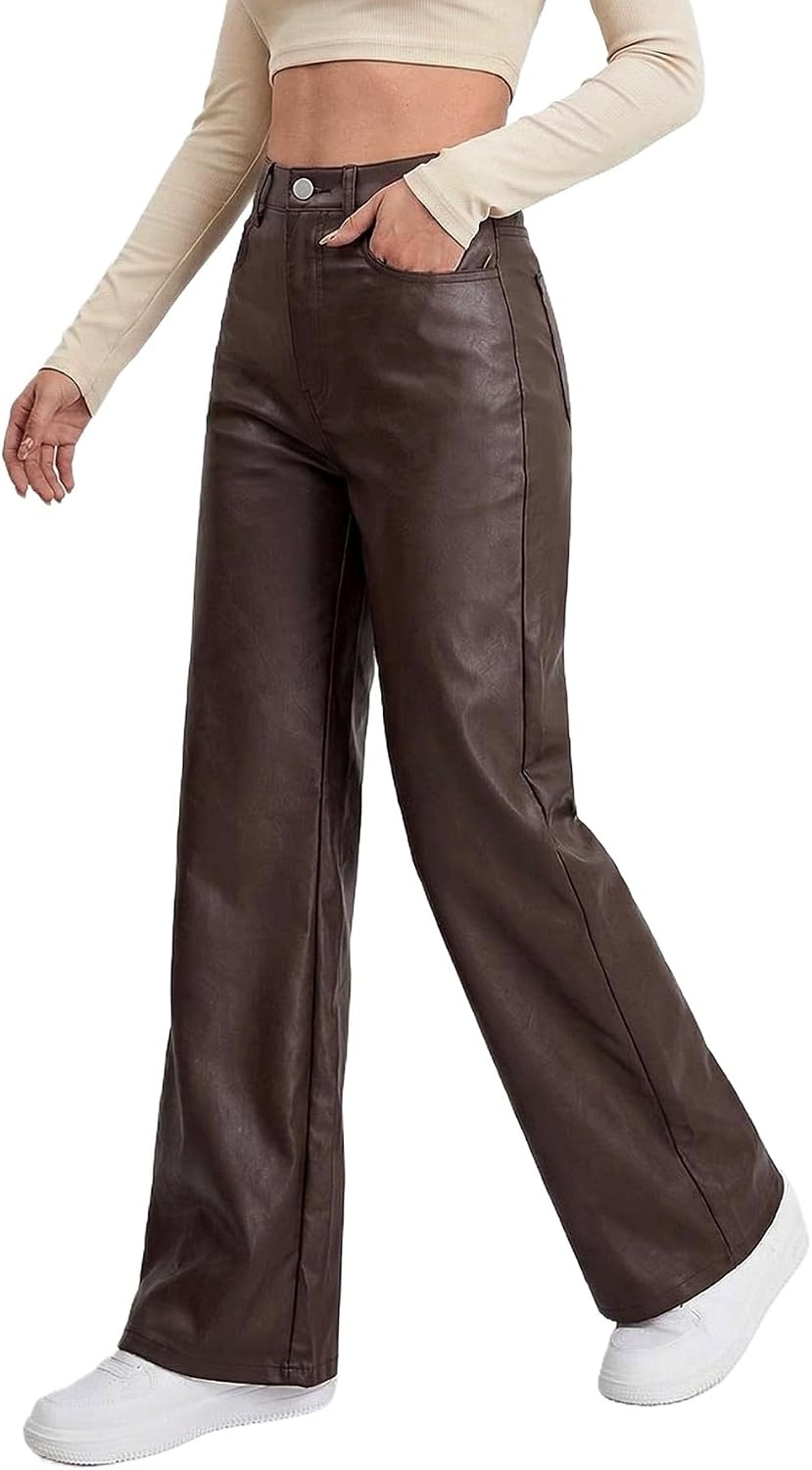 image:imageTHE LOVE BRAND Womens Faux Leather Pants Black Straight Leg Pant High Waist Black Leggings Wide Leg Coated PU TrousersChocolate