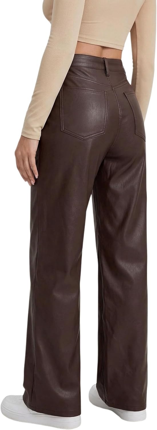image:imageTHE LOVE BRAND Womens Faux Leather Pants Black Straight Leg Pant High Waist Black Leggings Wide Leg Coated PU TrousersChocolate