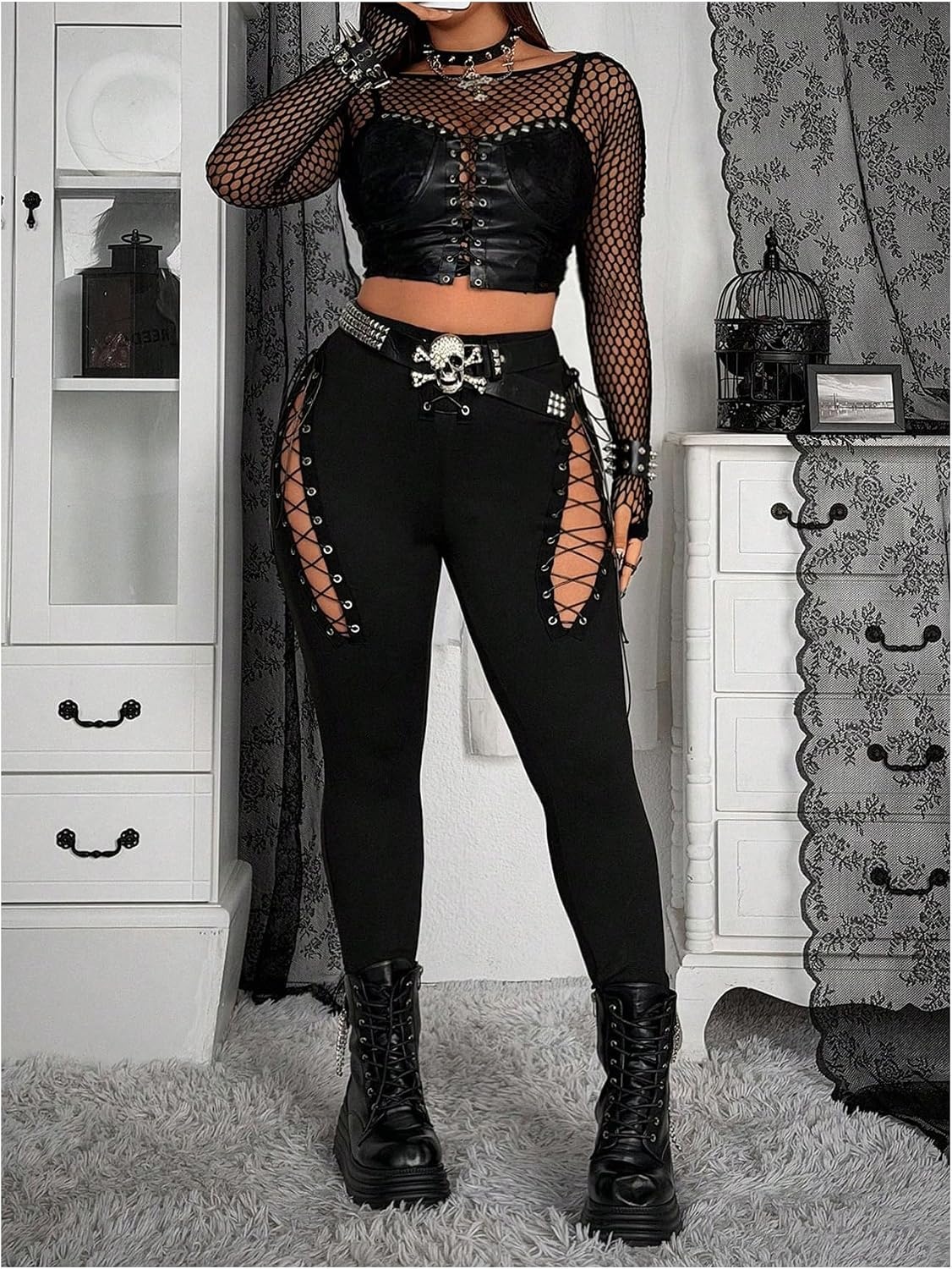 image:imageWDIRARA Womens Plus Size Lace Up Leggings Cut Out High Waisted Goth Skinny PantsBlack