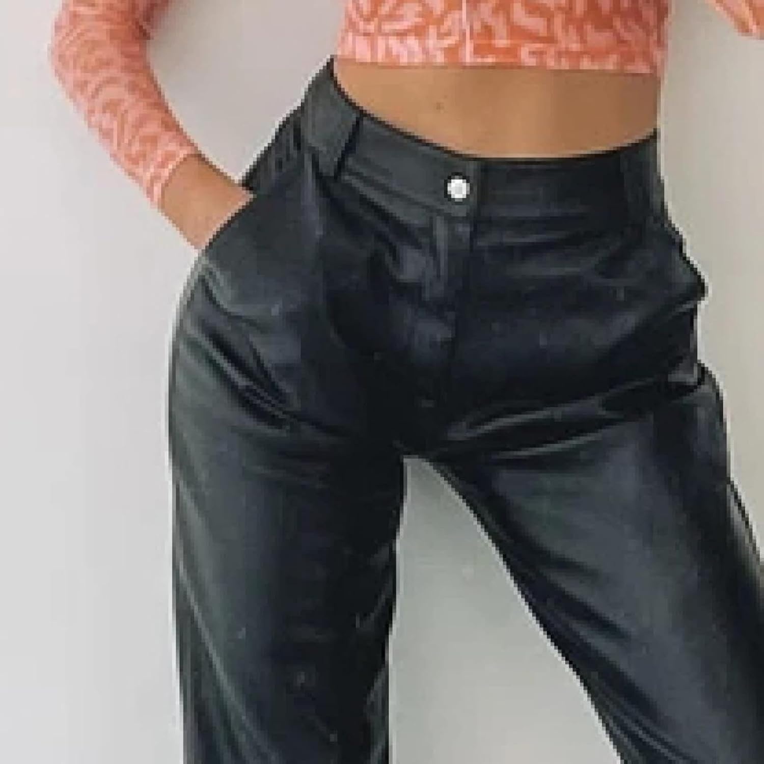 image:imageWomens AutumnWinter Artificial Leather High Waist Tight Casual PantsBlack