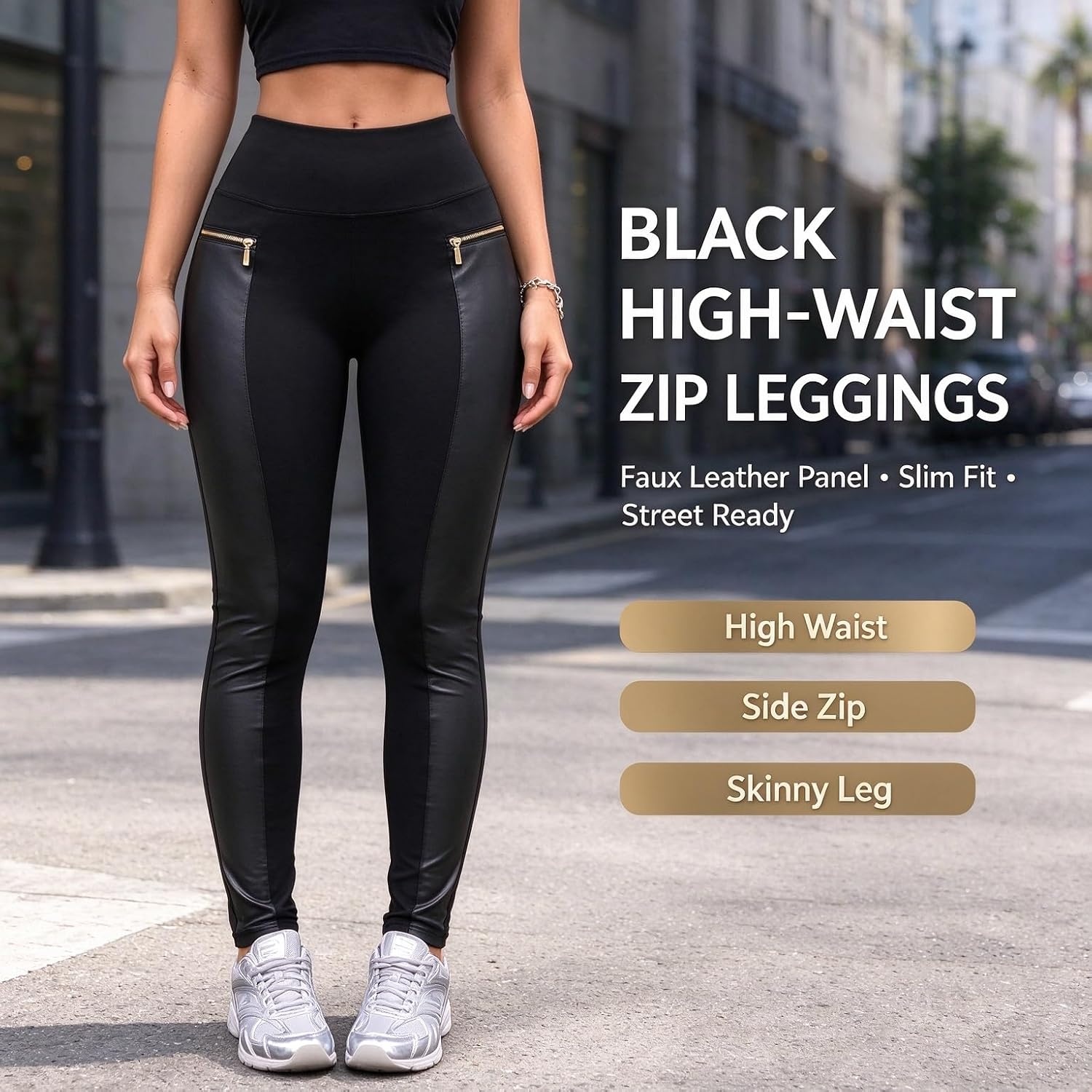 image:imageWomens High Waist Faux Leather Panel Leggings yoga pants