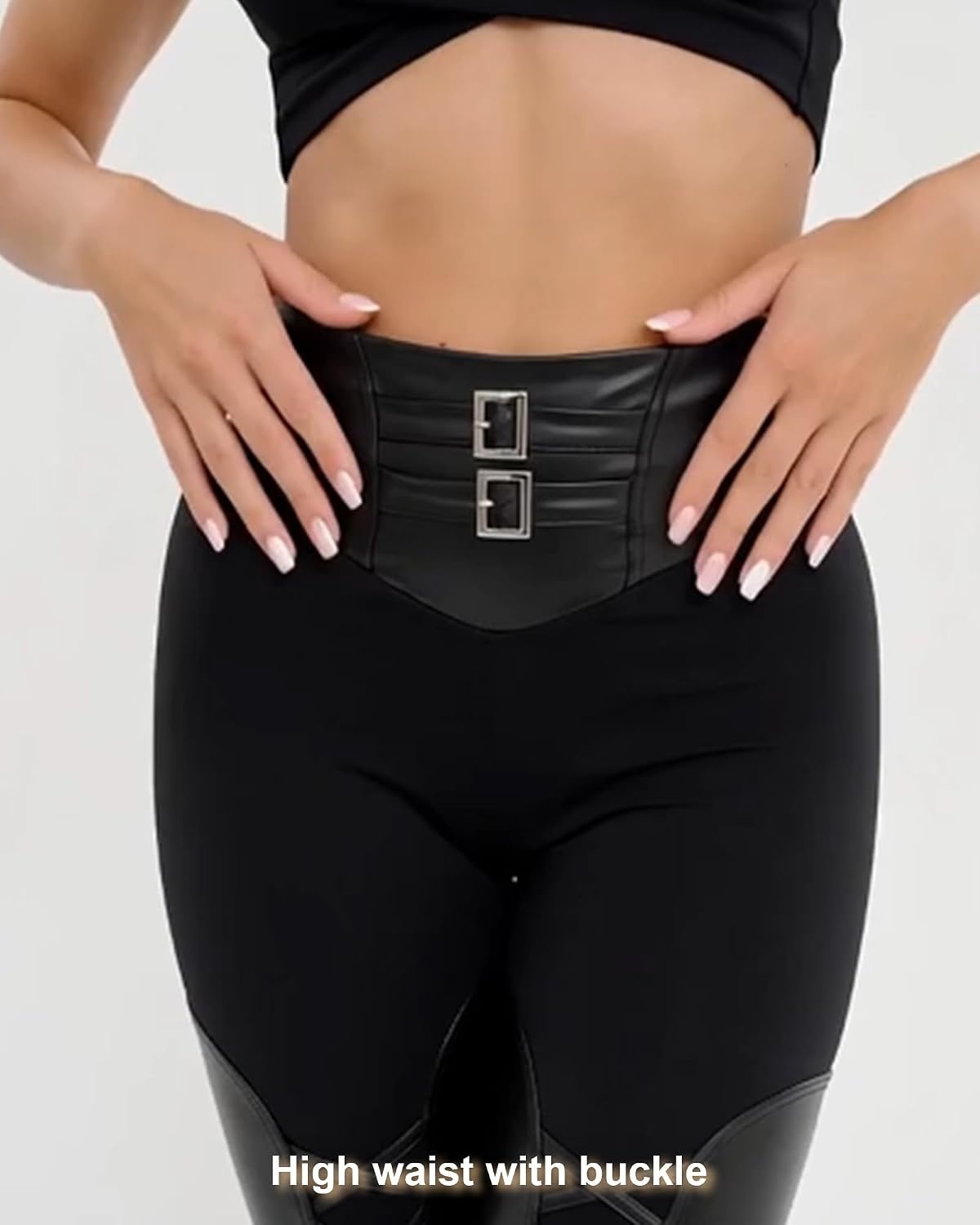 image:imageZASUWA Womens Faux Leather Leggings High Waist PU Black Tummy Control PantsBlack