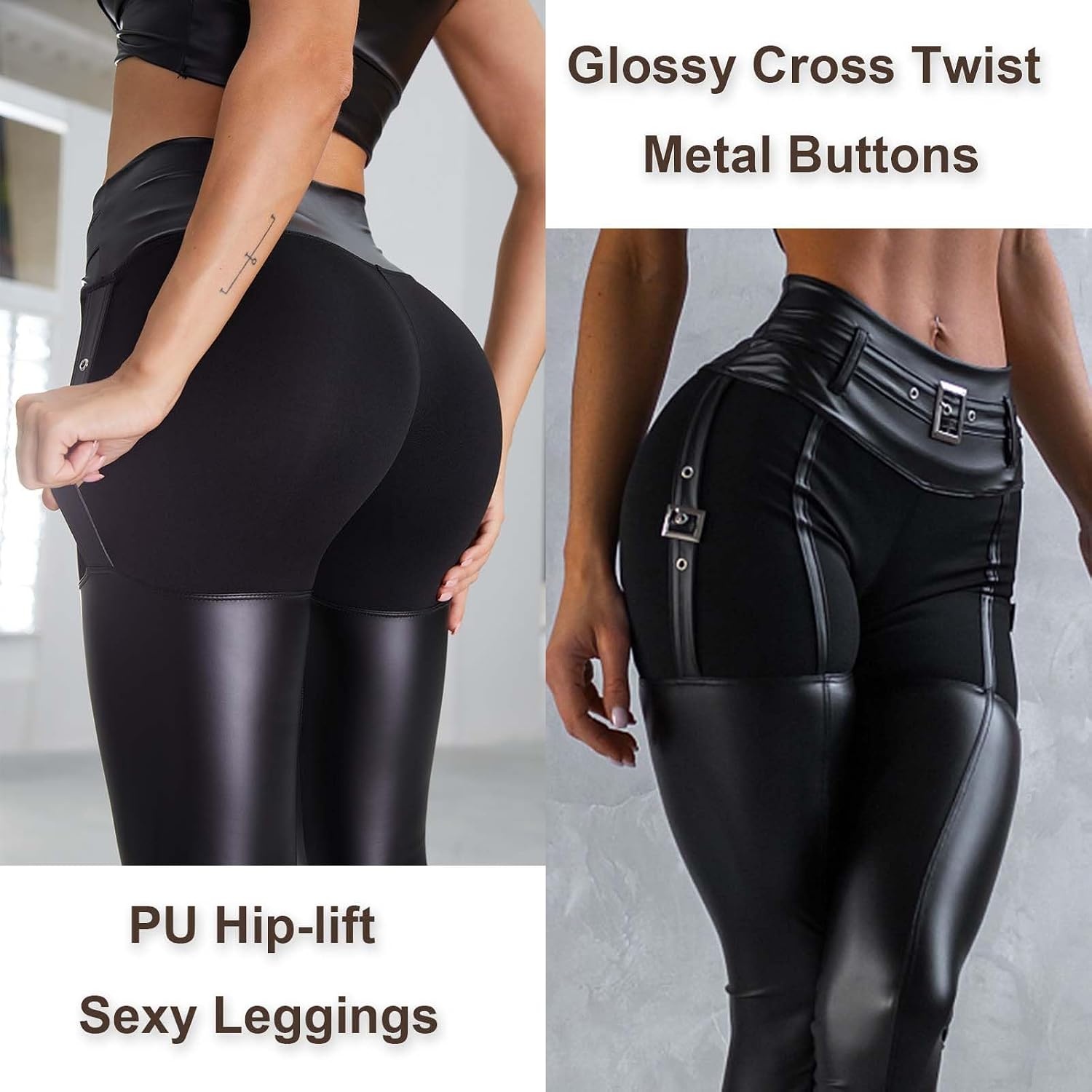 image:imageZASUWA Womens Faux Leather Leggings High Waist PU Black Tummy Control PantsBlack