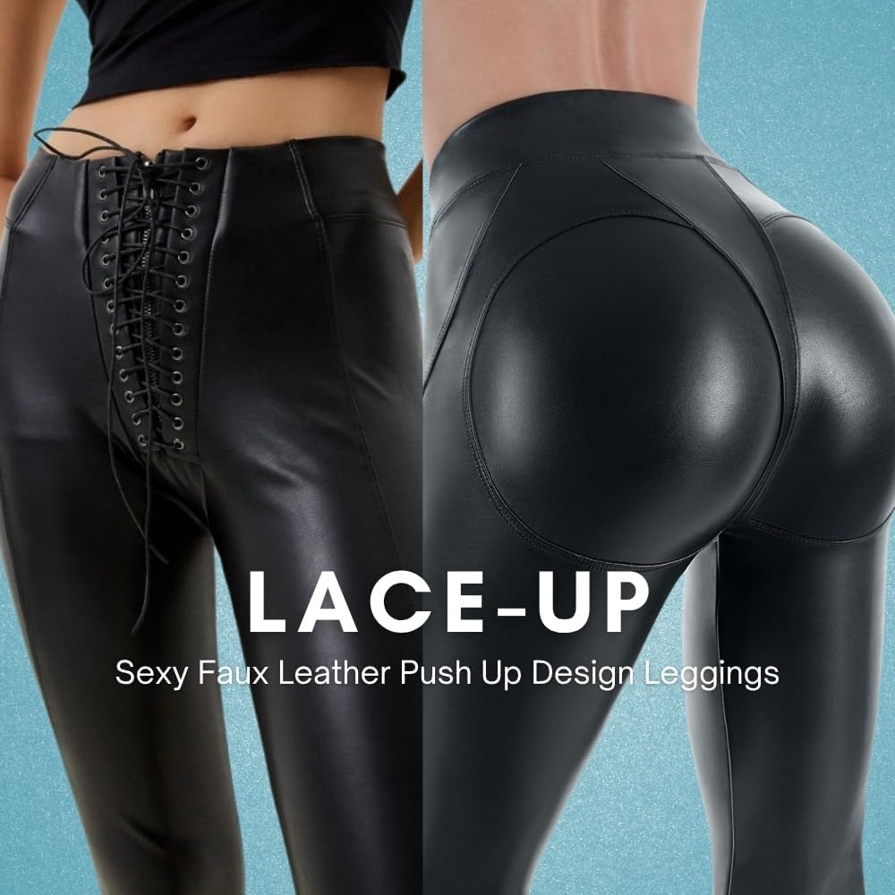 image:imageZASUWA Womens Faux Leather Leggings High Waist PU Black Tummy Control PantsBlack