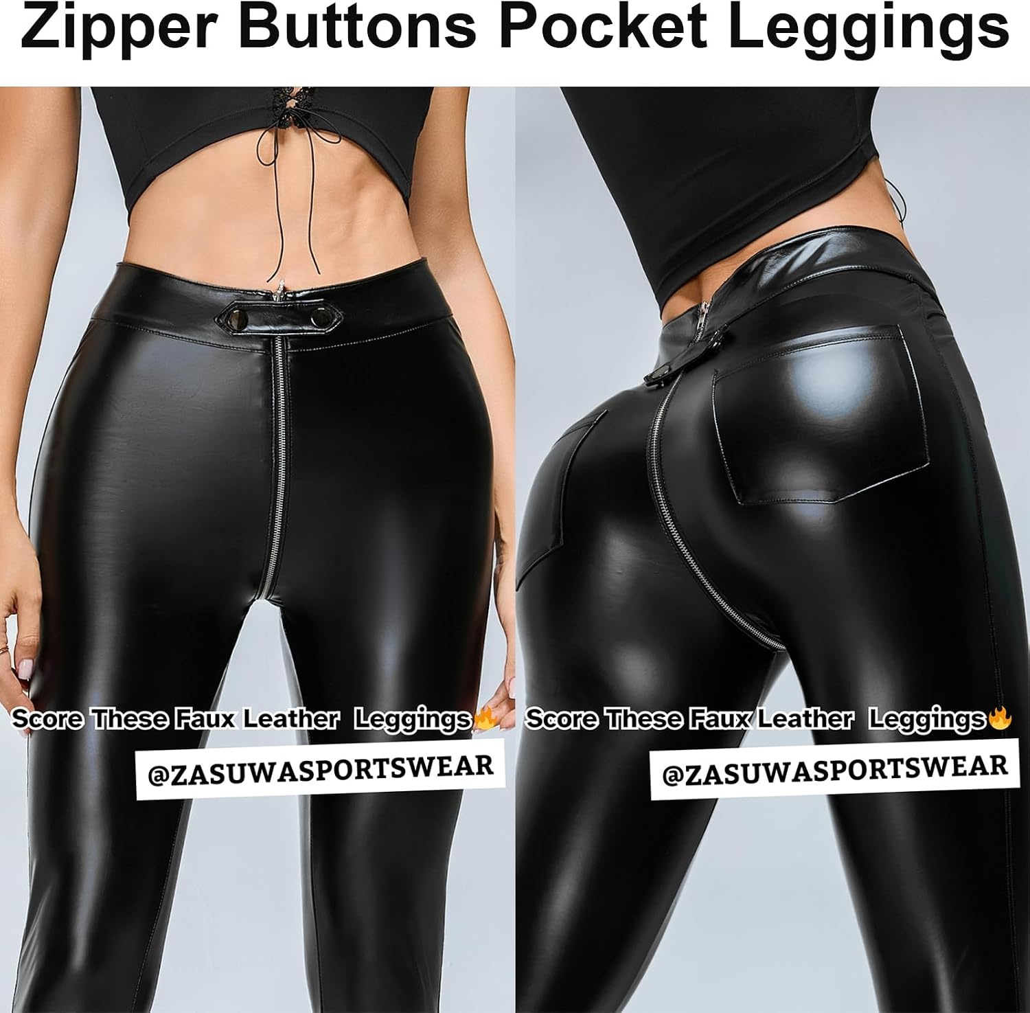 image:imageZASUWA Womens Faux Leather Leggings High Waist PU Black Tummy Control PantsBlack