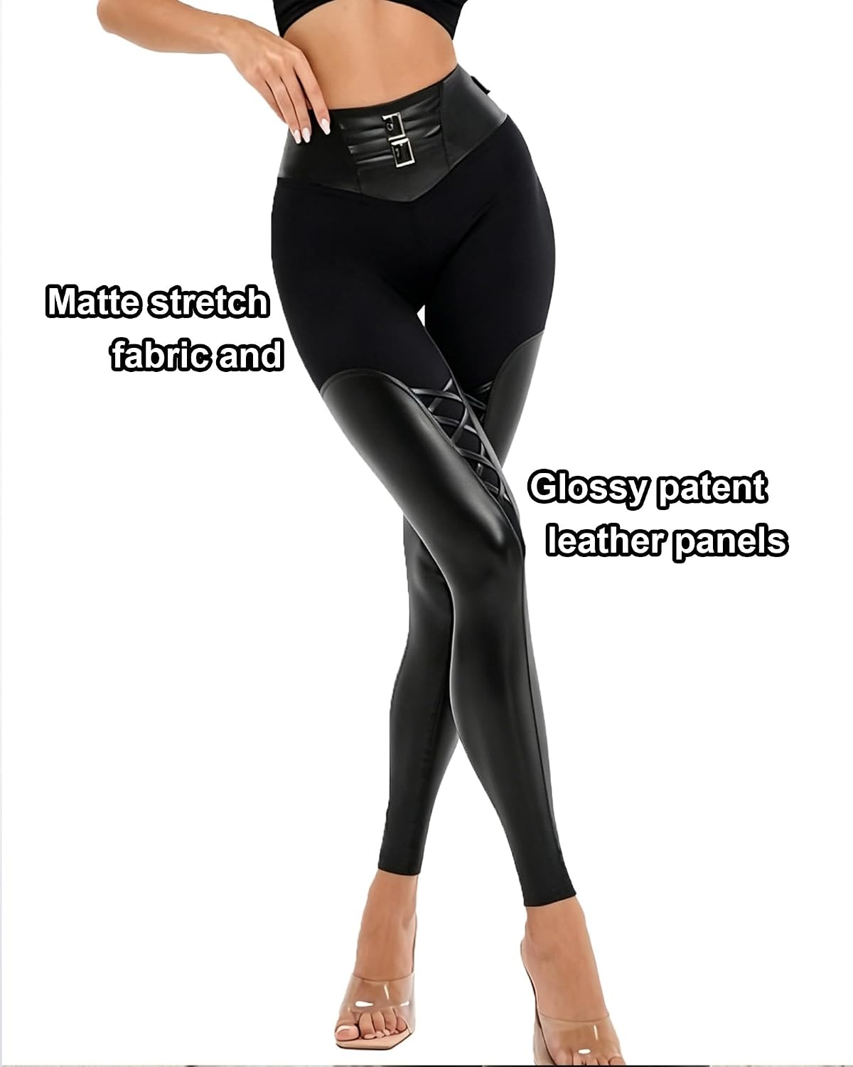 image:imageZASUWA Womens Faux Leather Leggings High Waist PU Black Tummy Control PantsBlack