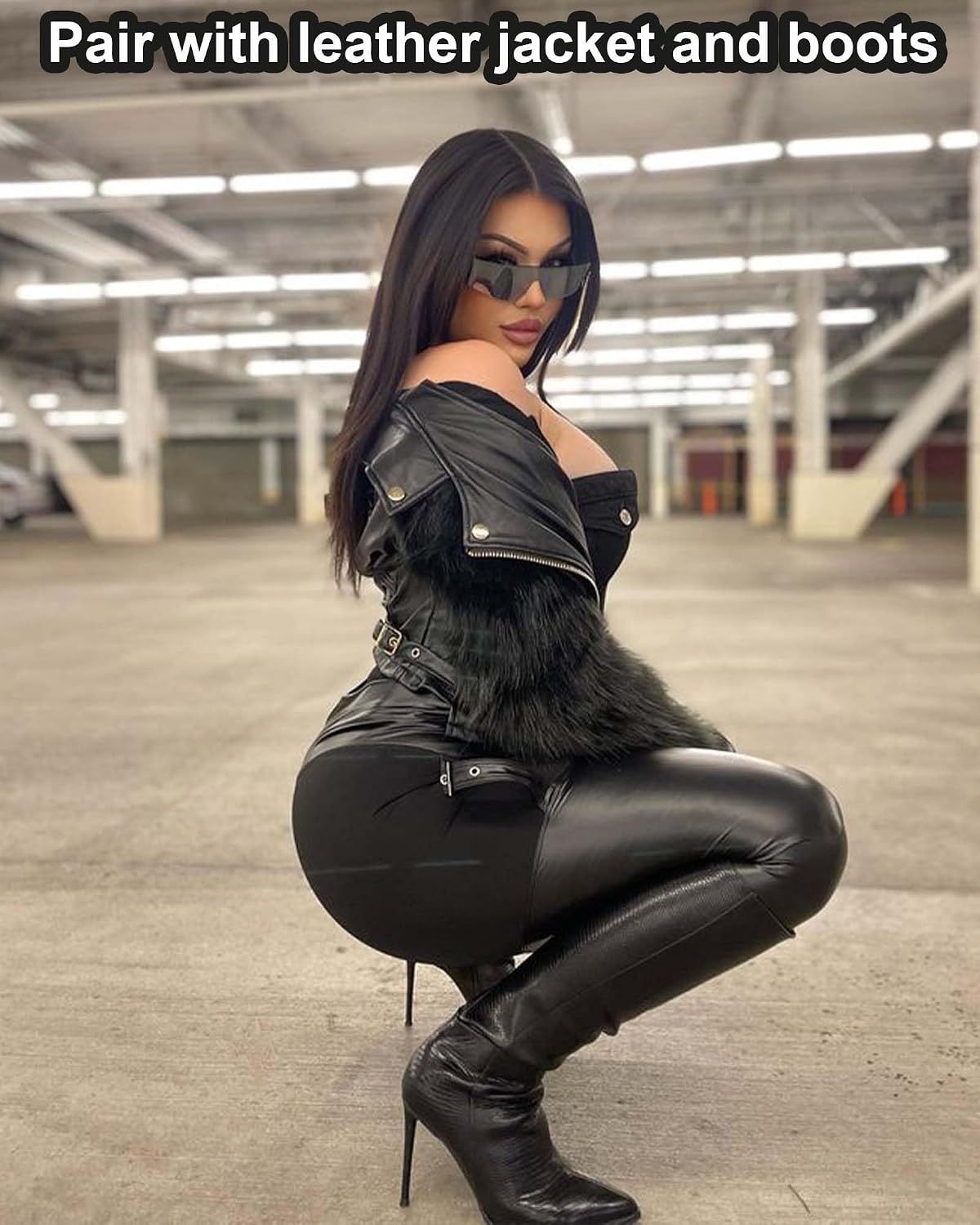 image:imageZASUWA Womens Faux Leather Leggings High Waist PU Black Tummy Control PantsBlack
