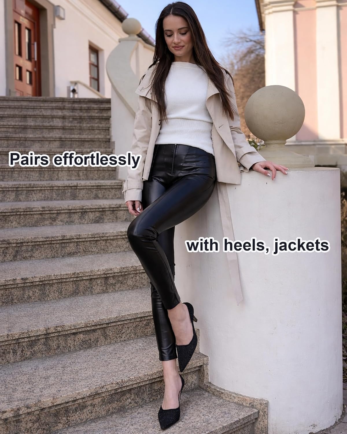 image:imageZASUWA Womens Faux Leather Leggings High Waist PU Black Tummy Control PantsBlack