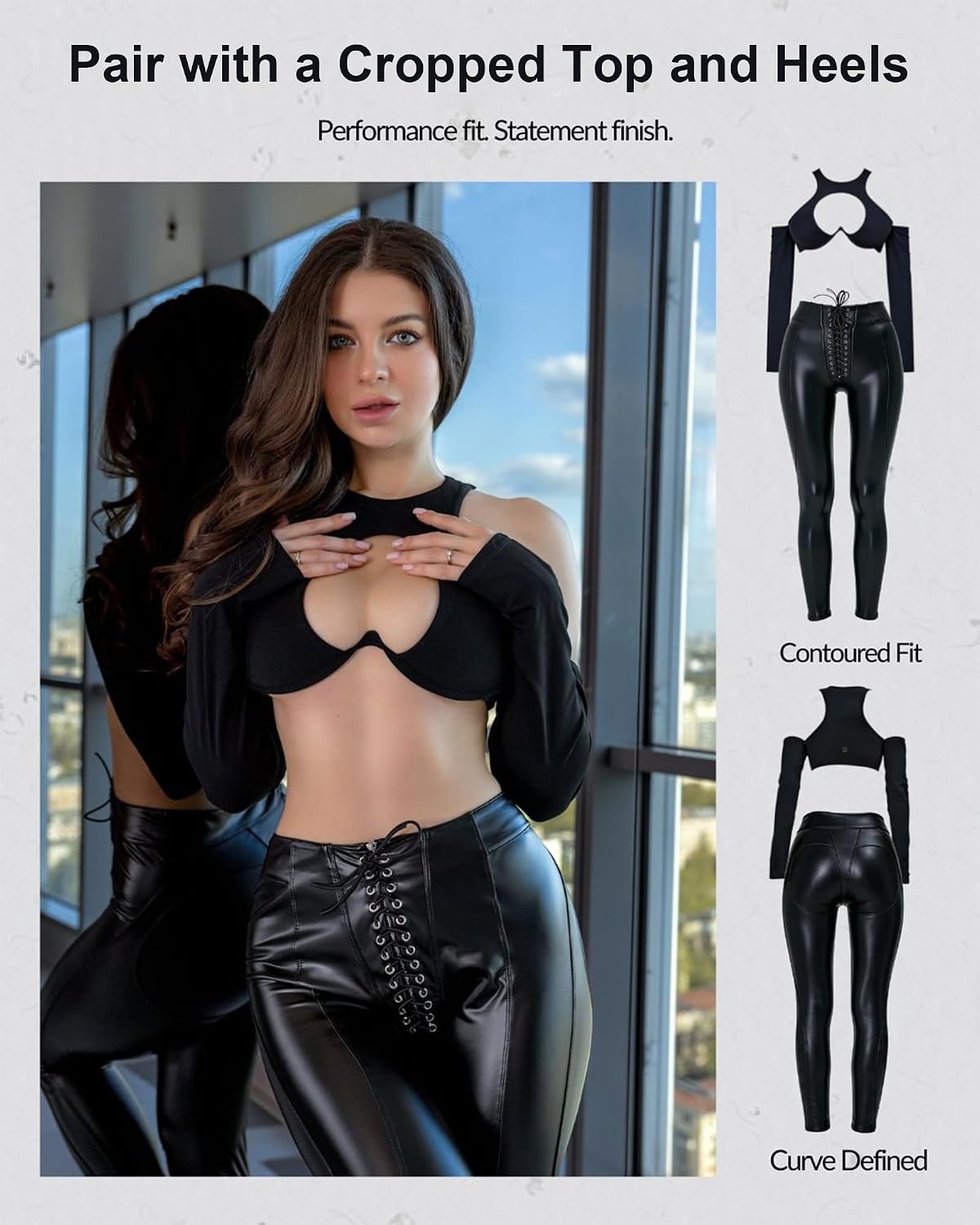 image:imageZASUWA Womens Faux Leather Leggings High Waist PU Black Tummy Control PantsBlack