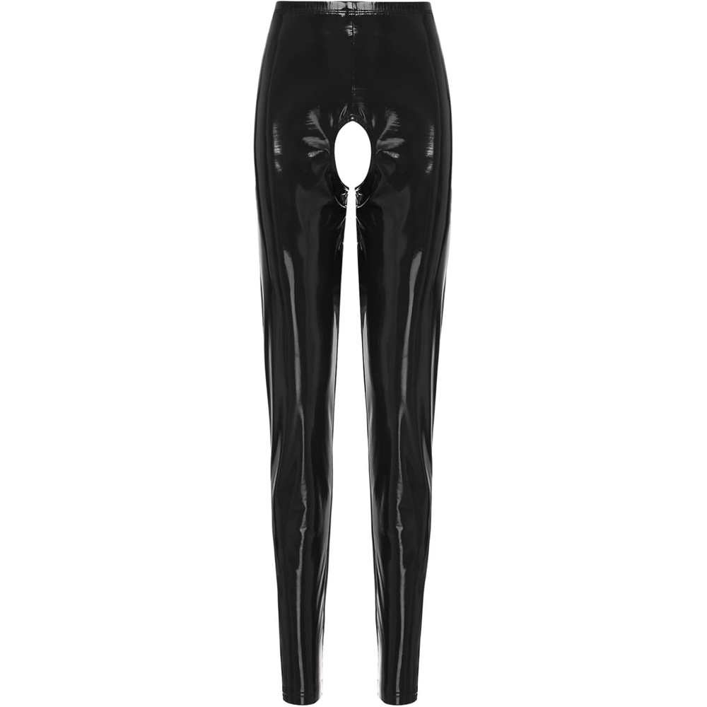image:imageLejafay Womens Sexy Patent Leather Long Pants Crotchless Trousers Pole Dance Bottoms Latex LeggingsLong Black a