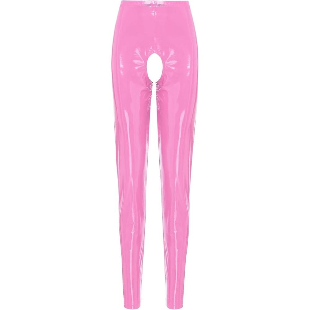 image:imageLejafay Womens Sexy Patent Leather Long Pants Crotchless Trousers Pole Dance Bottoms Latex LeggingsLong Pink a