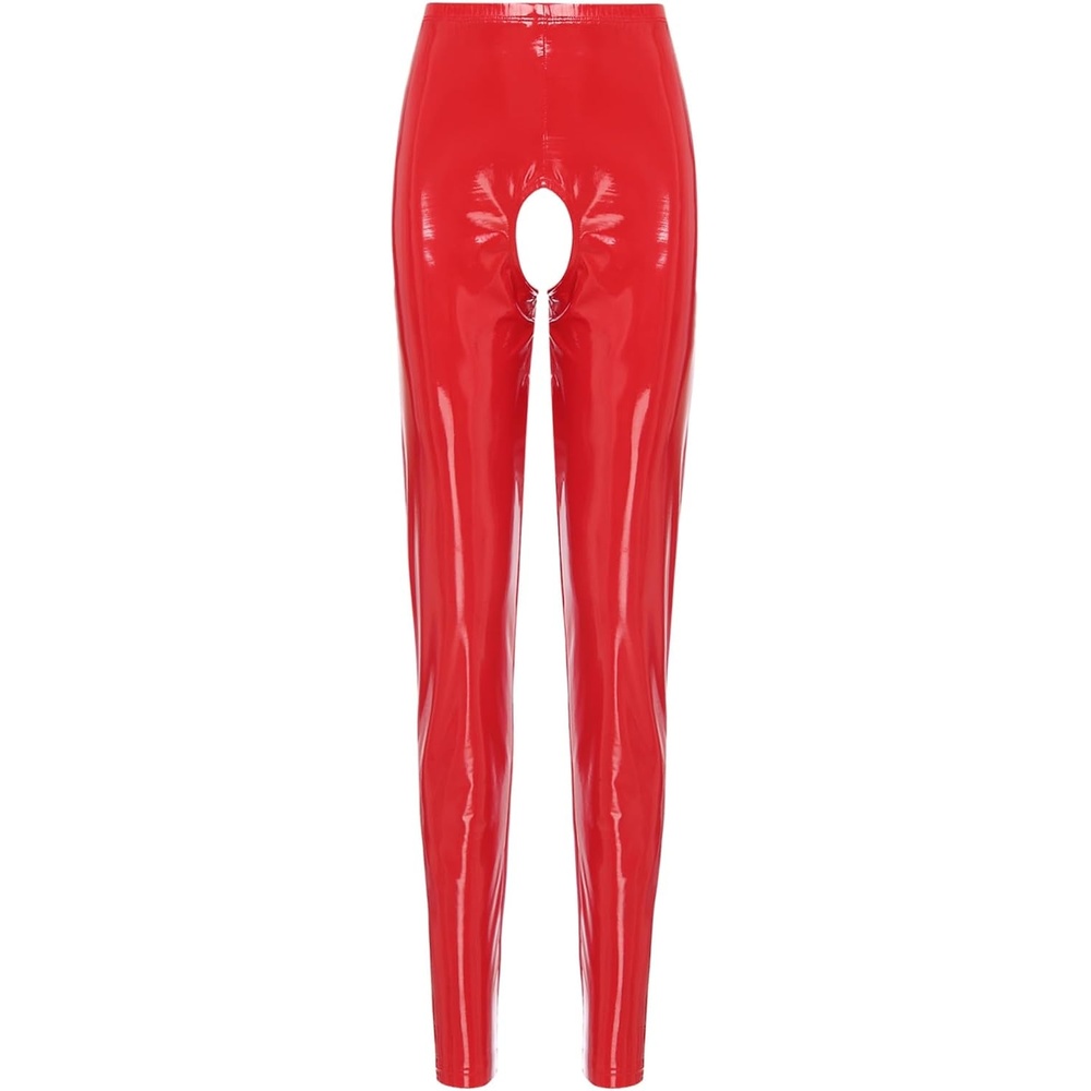 image:imageLejafay Womens Sexy Patent Leather Long Pants Crotchless Trousers Pole Dance Bottoms Latex LeggingsLong Red a