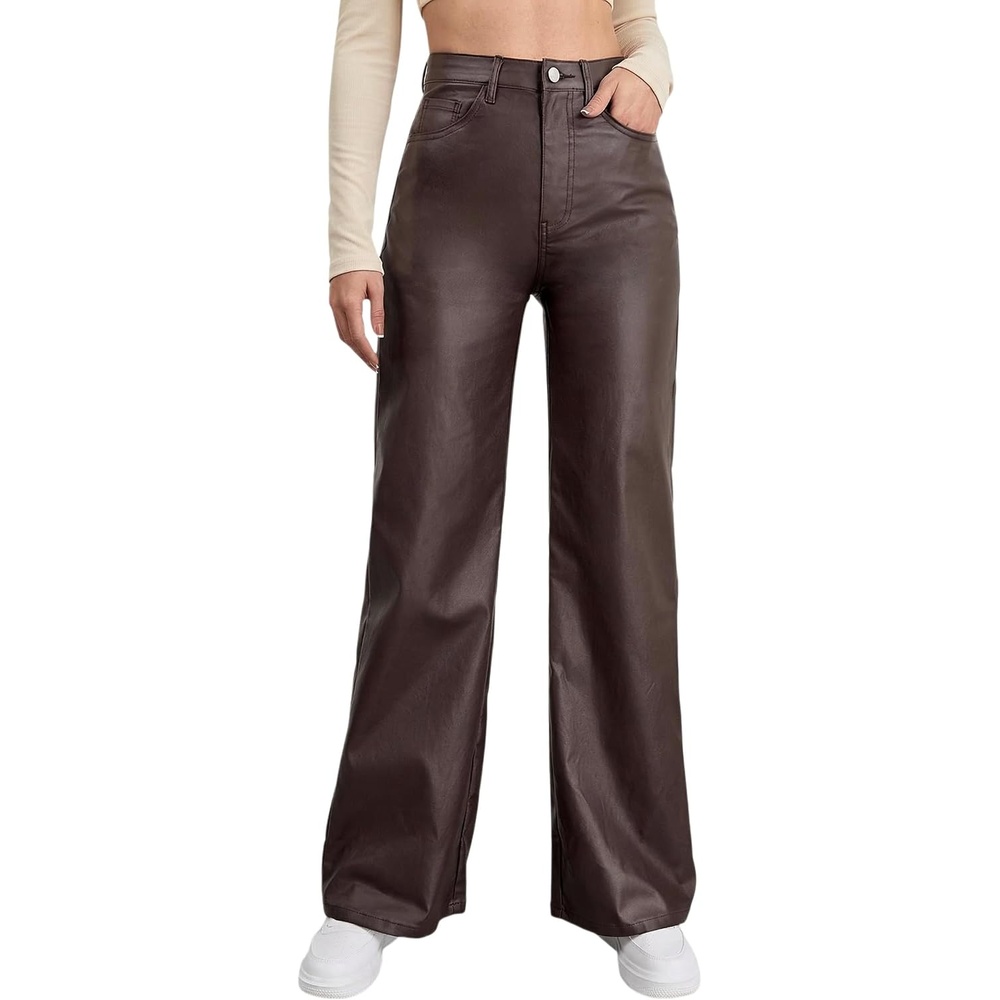 image:imageTHE LOVE BRAND Womens Faux Leather Pants Black Straight Leg Pant High Waist Black Leggings Wide Leg Coated PU TrousersChocolate