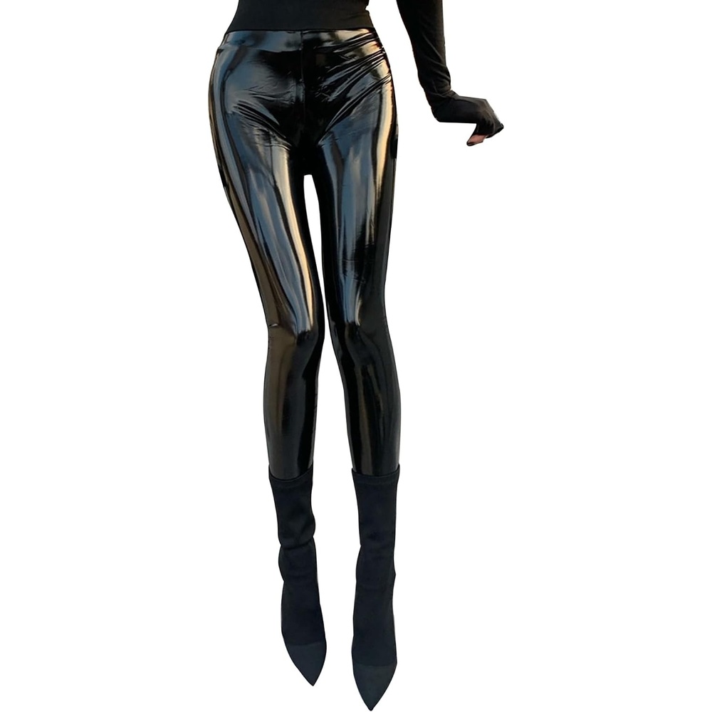 image:imageVxuxlje Womens Patent Leather Wet Look Leggings Latex Rubber Skinny Pants Trousers BottomsBlack