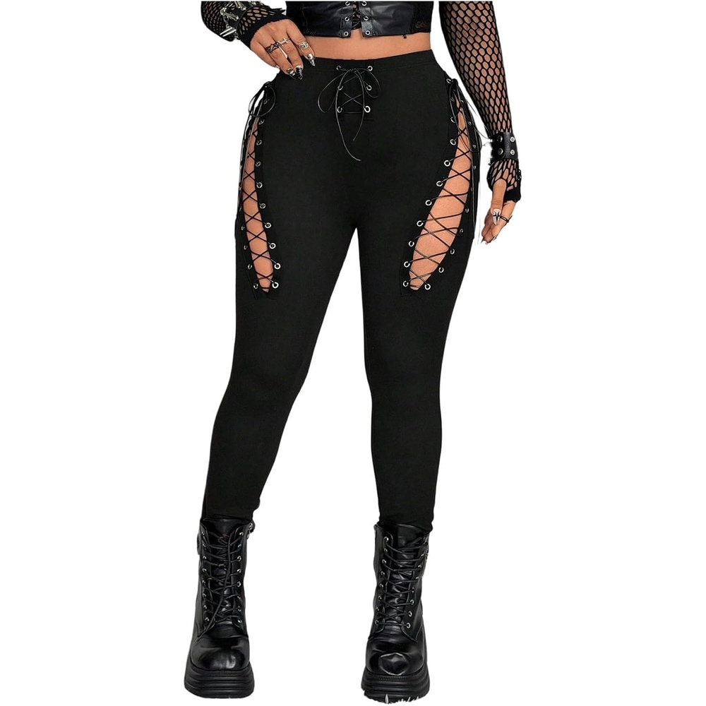 image:imageWDIRARA Womens Plus Size Lace Up Leggings Cut Out High Waisted Goth Skinny PantsBlack