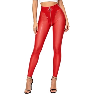 Kaerm Women Patent Leather Wetlook Rave Leggings Zipper Crotch Y2k Trousers Bodycon Pencil Pants Latex Tights(Red)