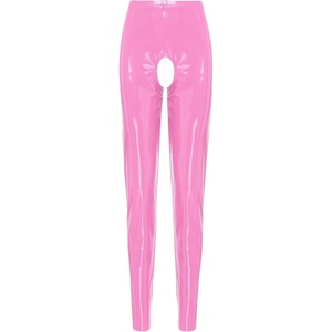 Lejafay Womens Sexy Patent Leather Long Pants Crotchless Trousers Pole Dance Bottoms Latex Leggings(Long Pink a)