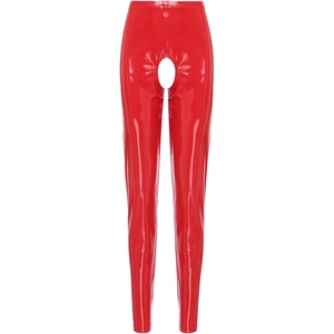 Lejafay Womens Sexy Patent Leather Long Pants Crotchless Trousers Pole Dance Bottoms Latex Leggings(Long Red a)