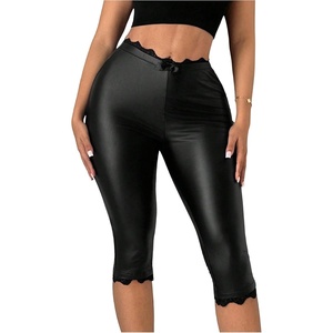 Milumia Women’s PU Coated Capri Leggings Lace Trim Skinny Cropped Pants(Black)