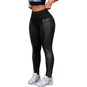 Women’s High Waist Faux Leather Panel Leggings yoga pants
